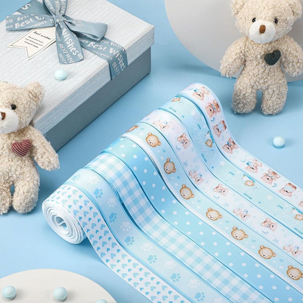 8 Roll Baby Elephant Grosgrain Ribbon 7/8 Inch Blue Baby Shower Footprint 40 Yd